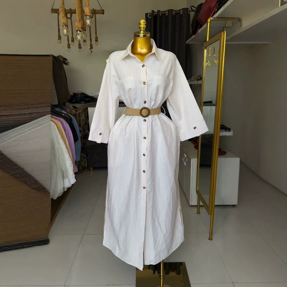 European and american cross-border women's fashion:  summer new arrival - stylish and chic striped turn-down collar pocket single-breasted shirt dress