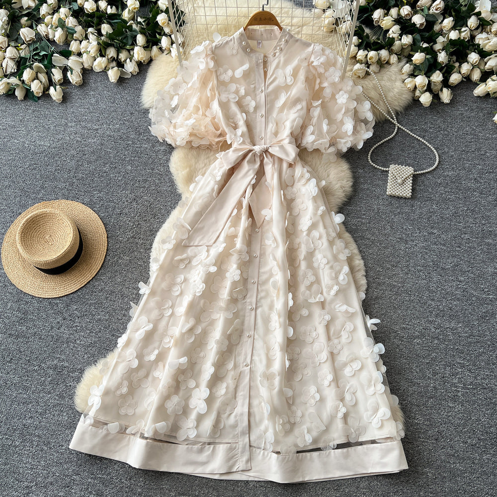 French chic 3d floral dress - women's summer  - slimming a-line dress with cinched waist - elegant work & evening gown