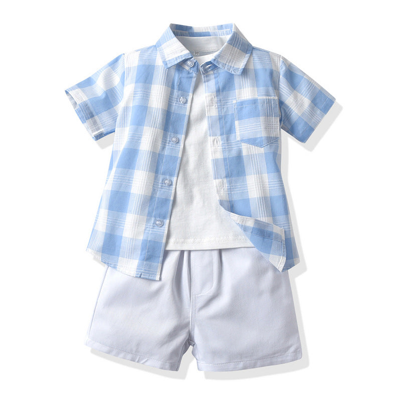 Korean style boys' summer outfit: new cotton short-sleeve shirt and shorts three-piece set - kids' casual wear