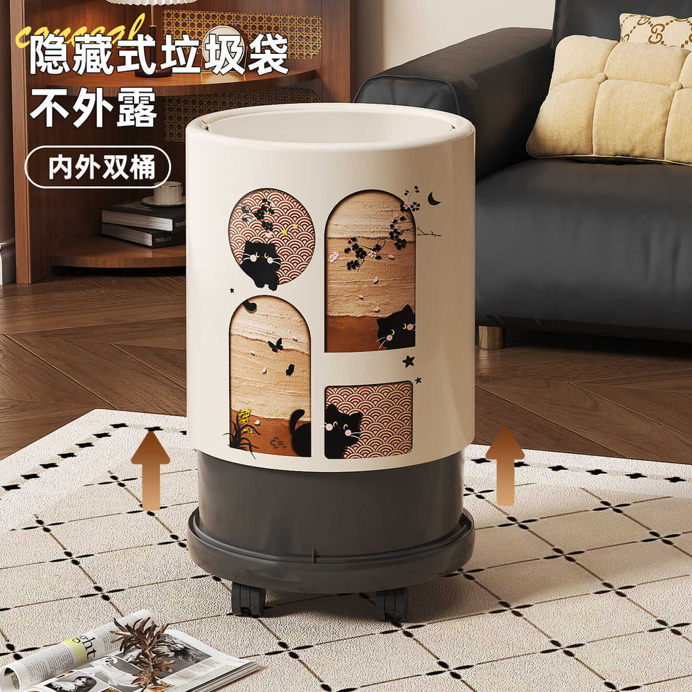 Retroins style little black cat printing trash can with pulleys for home high-looking living room kitchen large garbage basket