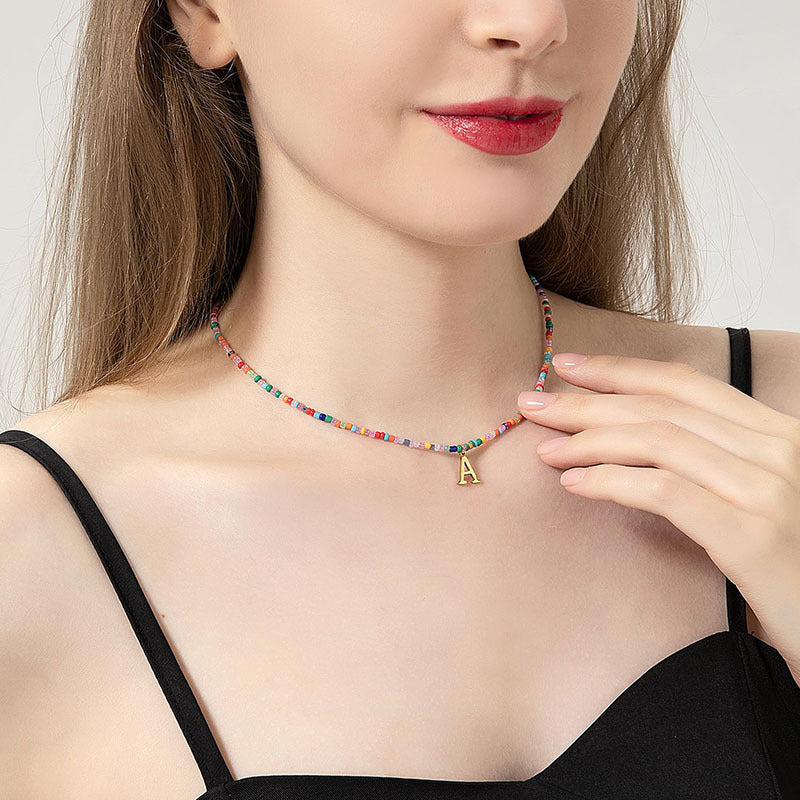 European and american cross-border colorful beaded initial necklace, 18k gold plated choker, bohemian stainless steel necklace
