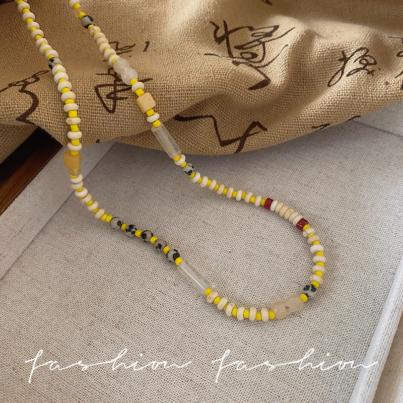 Dopamine colorful beaded necklace for women - summer fresh yellow, white, and beige seed bead smiley face choker - sweet & cool girly clavicle chain