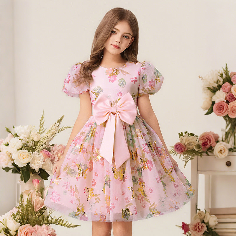 European and american style girls' chic butterfly princess dress - kids' puff sleeve sweet floral sundress for little girls