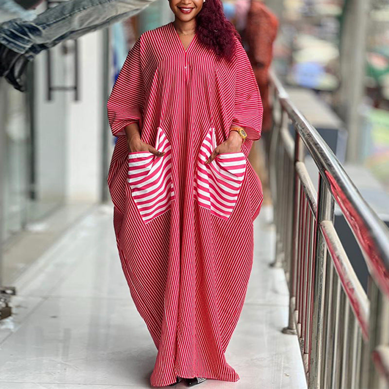 European and american cross-border african women's clothing  summer new style chic fashion v-neck striped loose plus size dress
