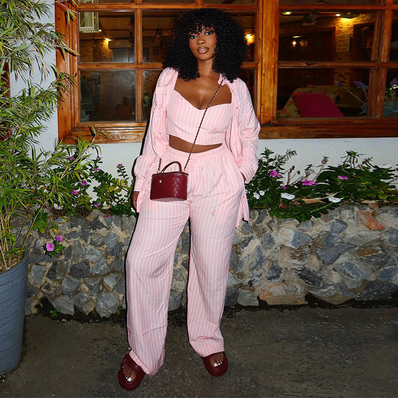European and american style women's  autumn new collection: striped turn-down collar long-sleeve shirt, sweet vest, and high-waisted straight-leg pants three-piece set