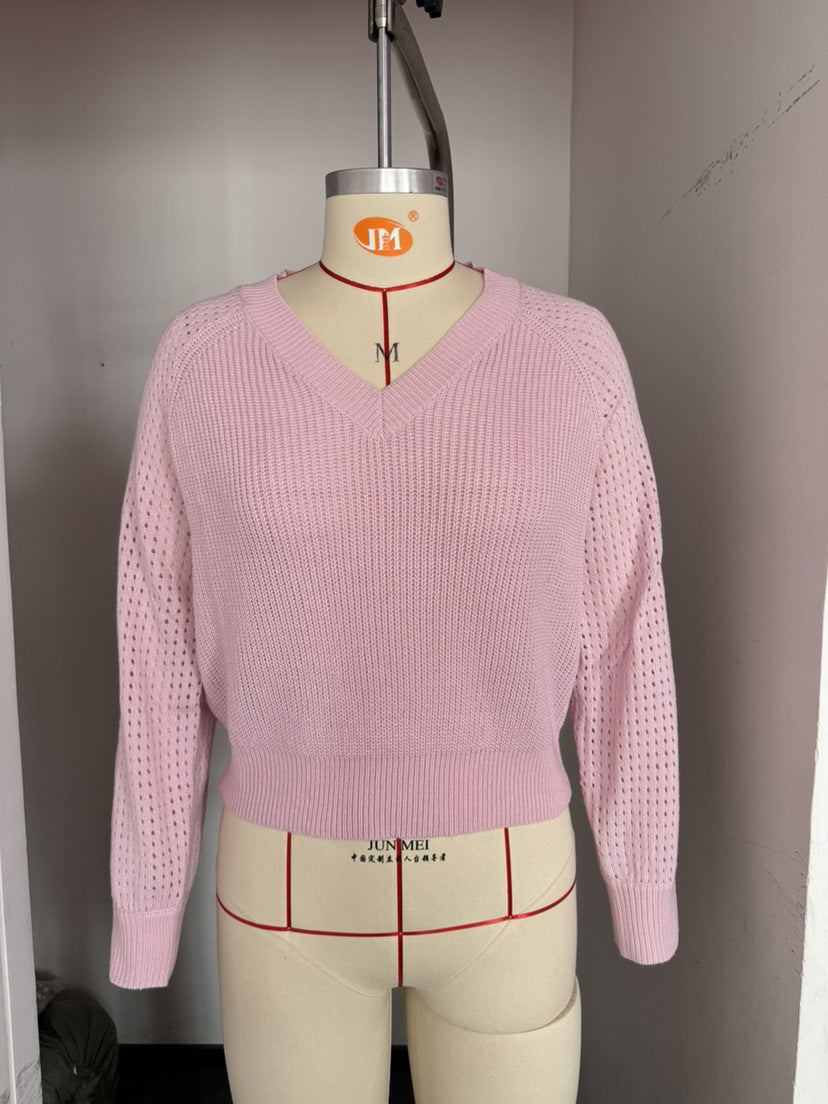 Cross-border European and American  women's clothing 2024 autumn and winter new models,  hollow V-neck long-sleeved fashion sweater women