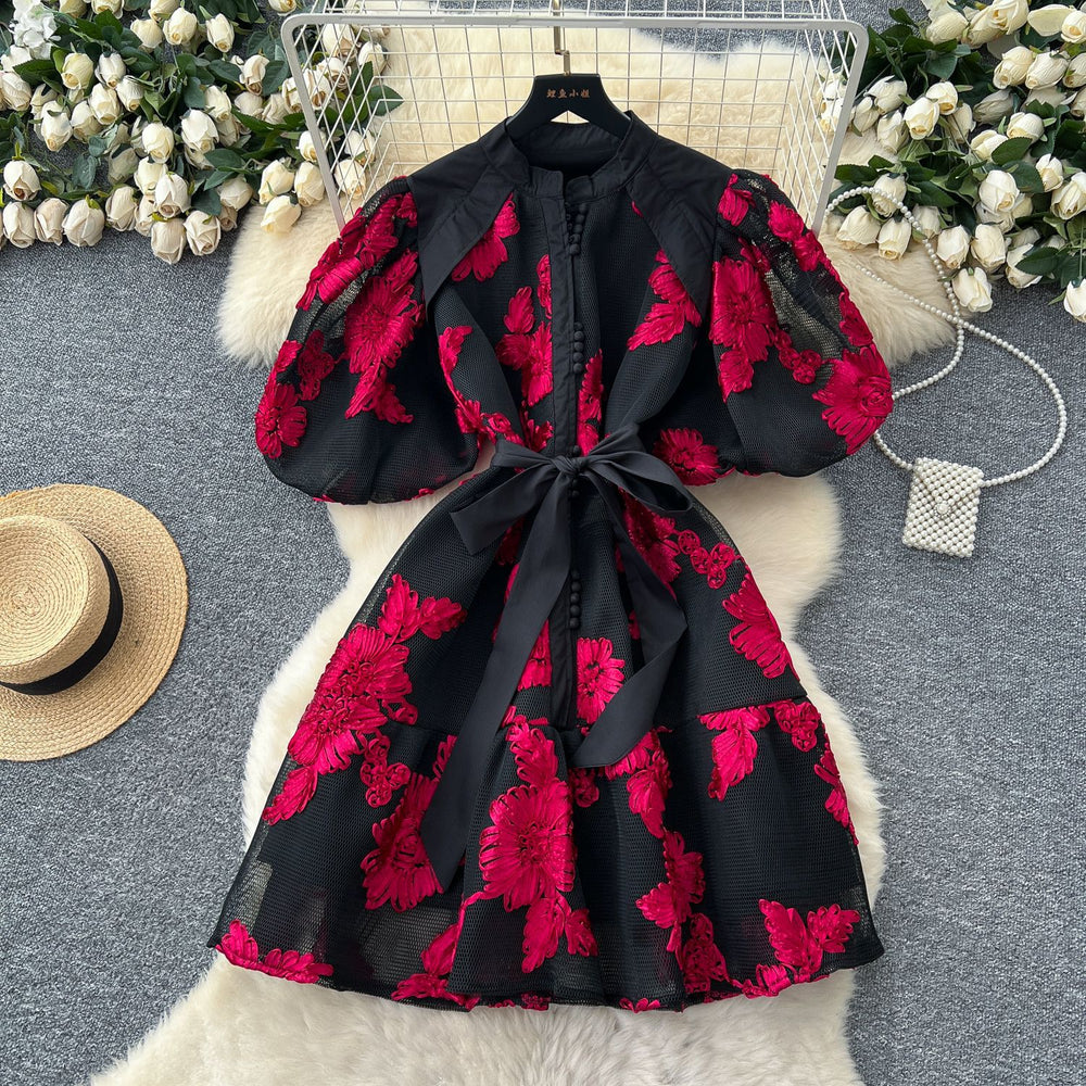 French retro court style heavy embroidery lantern sleeve cinched waist dress - women's summer high-end slimming a-line dress
