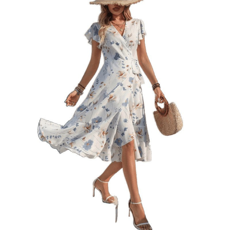 cross-border e-commerce  hot-selling european and american women's apparel: printed ruffle-trimmed short-sleeve elegant dress