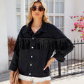 European and american cross-border women's fashion:  spring new arrivals -  independent store, washed denim jacket with rivets and tassels in black
