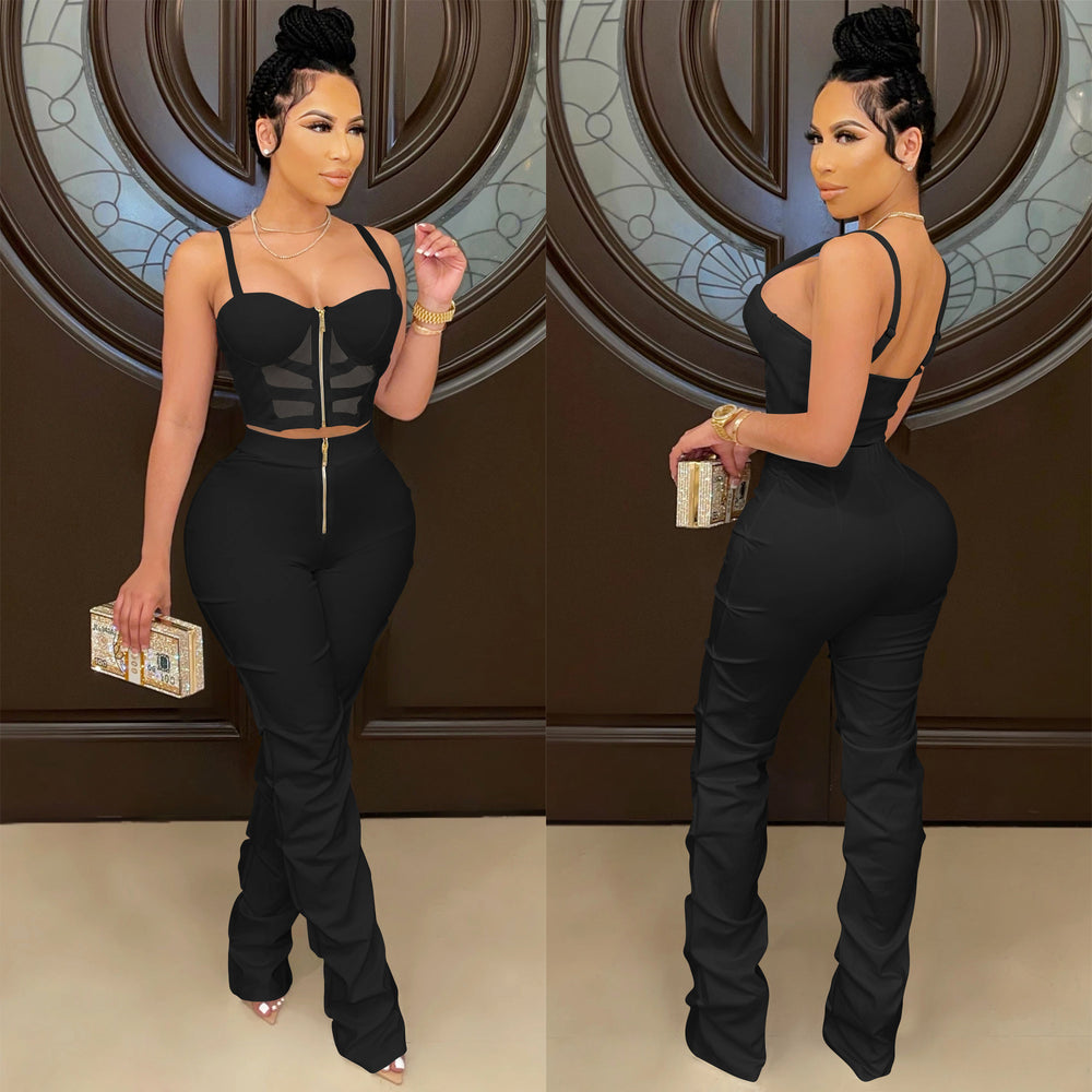 X5215    pure colorsexy women's suspenders chest zipper vest pants two-piece set