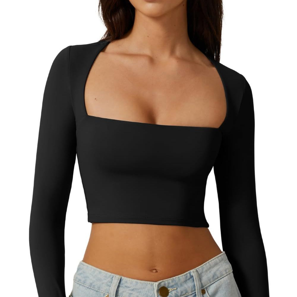 european and american autumn women's slim-fit cropped top: solid color square neck base layer, gentle long-sleeve square neck short top