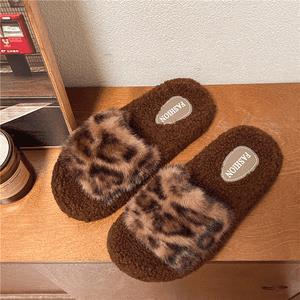 cute cartoon bear leopard print furry slippers for women, autumn and winter home wear, 2025 new cotton slippers, wholesale in stock