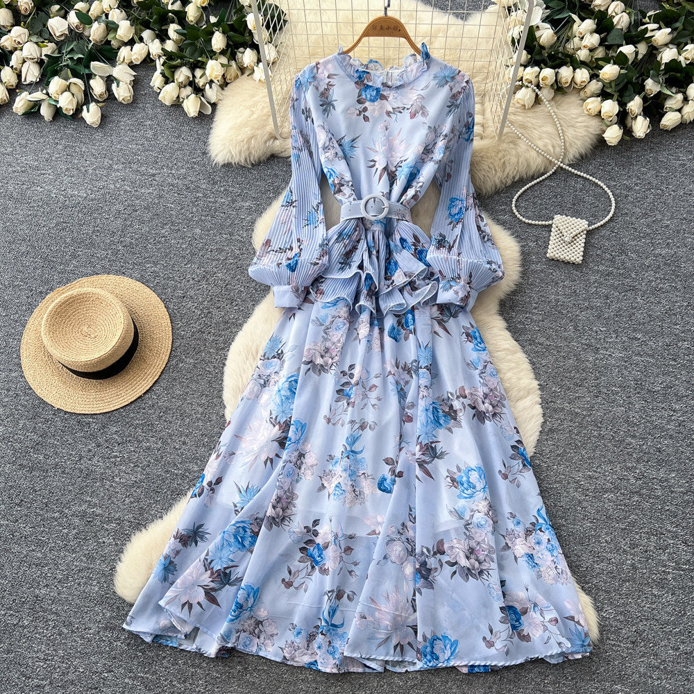 French chic floral slim-fit printed dress - women's summer tie-waist a-line maxi dress - vacation style, slimming design