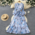French chic floral slim-fit printed dress - women's summer tie-waist a-line maxi dress - vacation style, slimming design