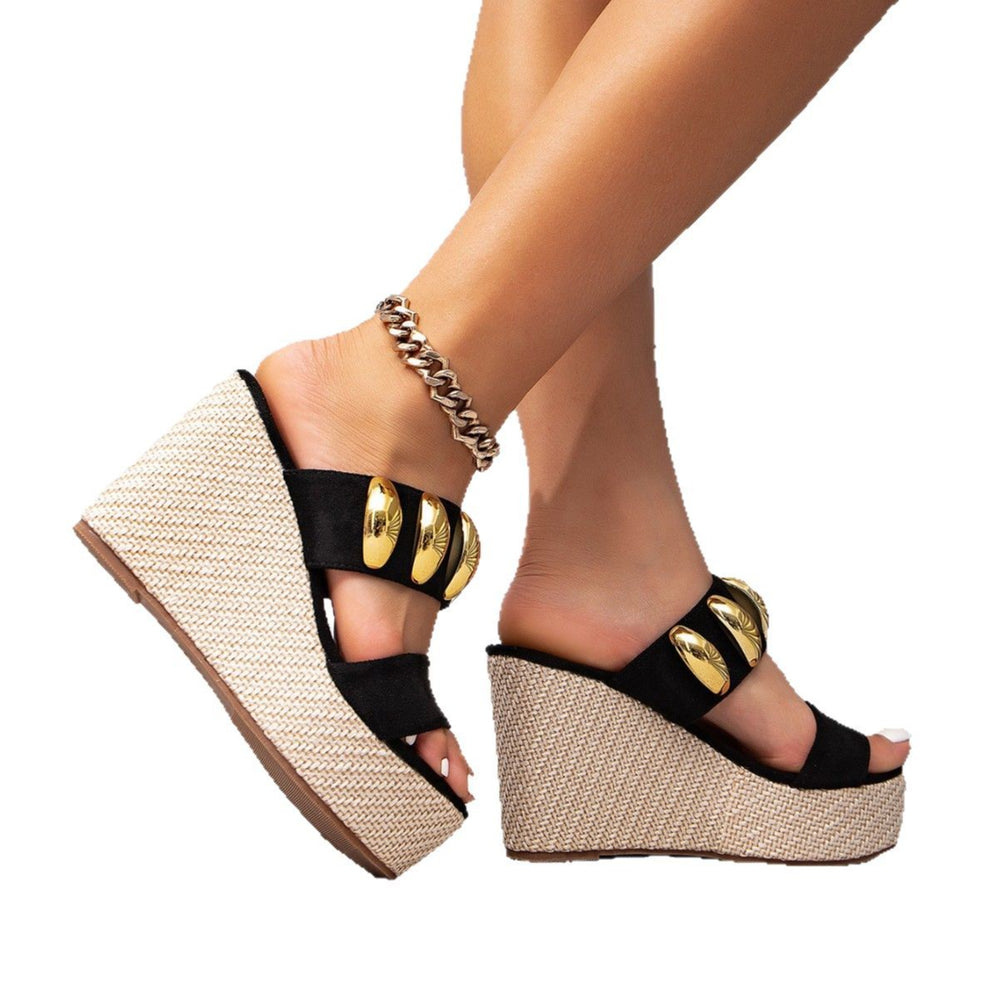 Women's chunky heel sandals - black metal accent, elegant slip-on casual sandals