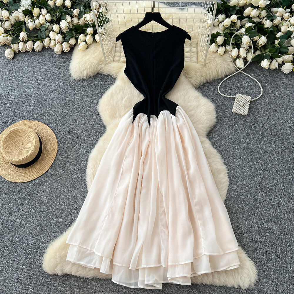 summer women's fashion: unique, high-end color block sleeveless mesh dress with cinched waist - french style maxi dress