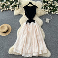 summer women's fashion: unique, high-end color block sleeveless mesh dress with cinched waist - french style maxi dress
