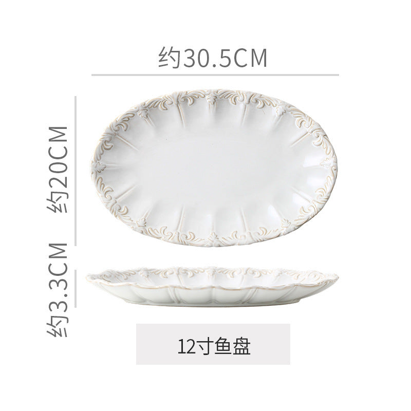 Embossed retro ceramic dinnerware set - french-inspired plates, high-end steak plates, dessert bowls, and rice bowls for home use