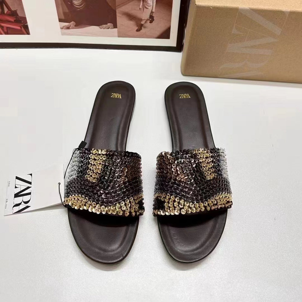 Za2024summer new women's shoes beaded flat bottom fashion sandals casualoutwear color matching one-line women's shoes