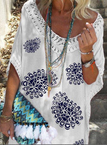 european and american export women's elegant v-neck short sleeve lace patchwork printed dress