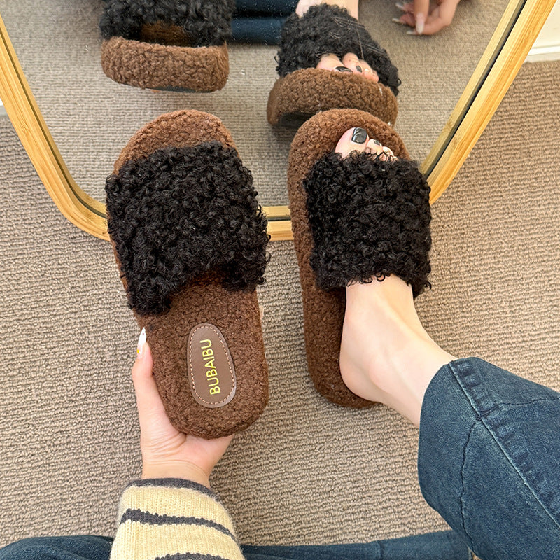 Fall and winterthick sole lambswool cotton slippers for women new arrivalk-stylesweet fur slippers with one strap fleece-lined cotton slippers for women