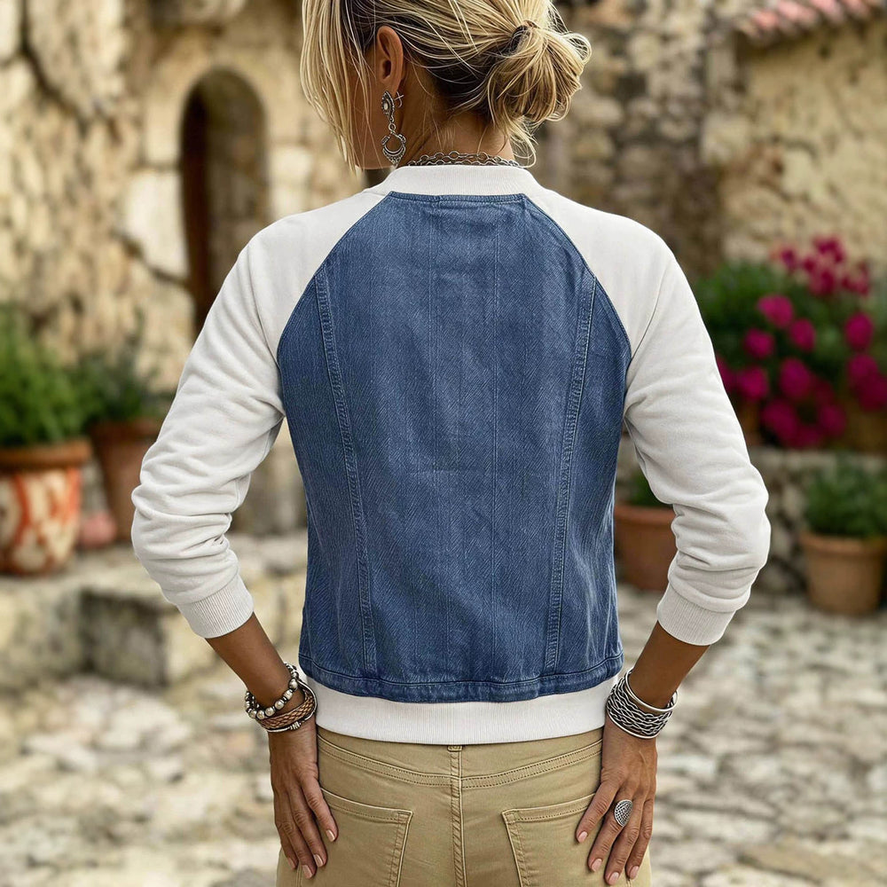 Faux denim patchwork plus size baseball jacket - raglan sleeve, zipper closure, pocket detail, relaxed fit, women's cropped jacket