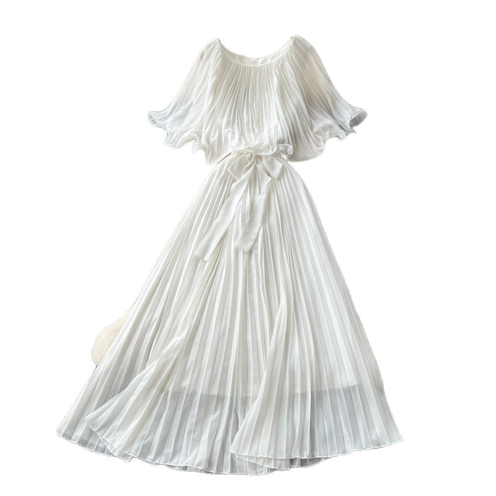 French-inspired pleated dress for women, featuring a bow tie, off-the-shoulder design, tie-waist, and flattering pleats for an elegant and sophisticated look