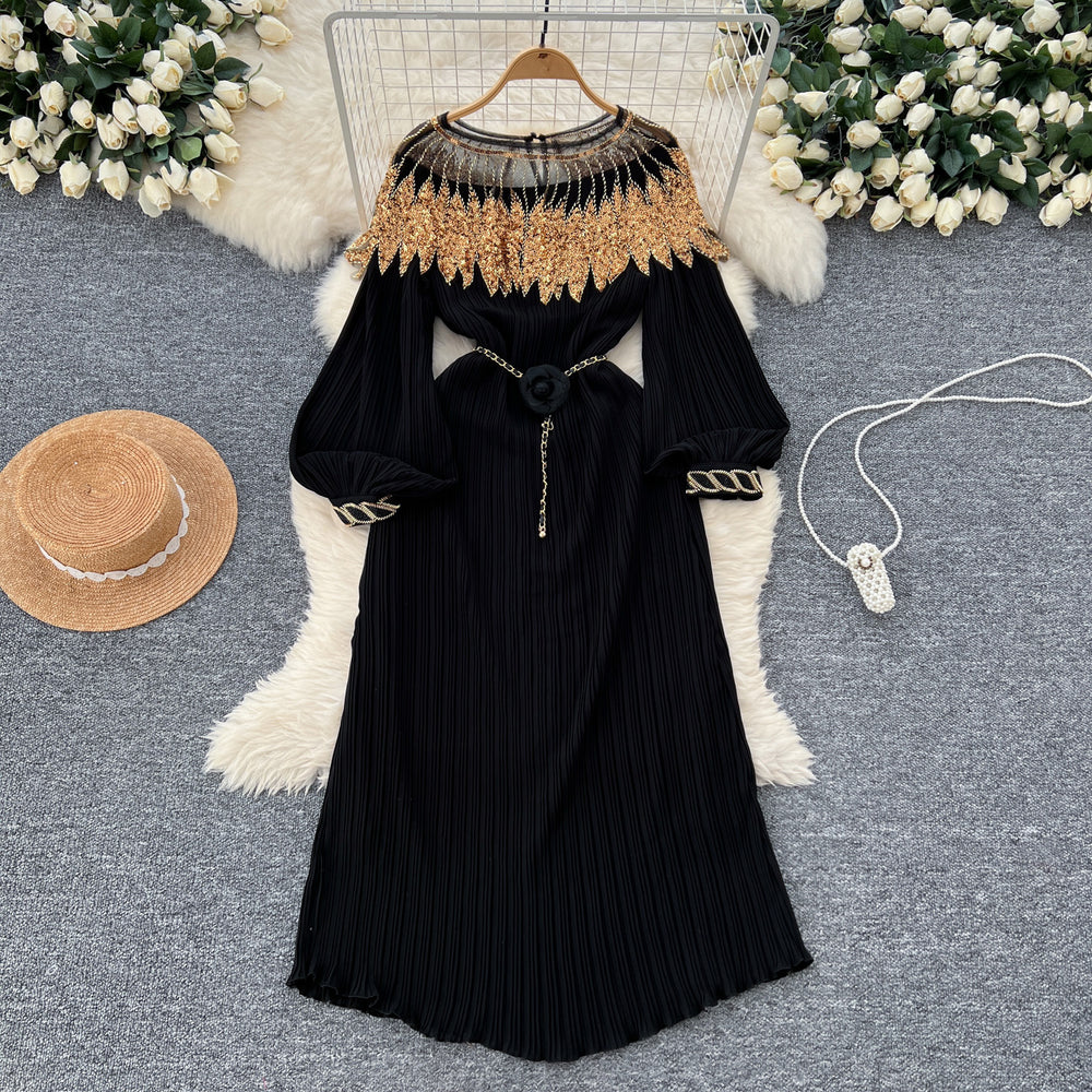 Autumn european and american retro court style heavy sequin embroidered long pleated puff sleeve dress women's pleated skirt