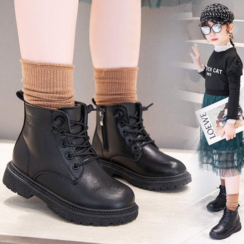 Boys boots velvet leather surface warm British style low-top leather boots winter girls side zipper soft bottom classmate