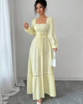European and american cross-border women's fashion:  early autumn new arrival - solid color long sleeve u-neck lace trim patchwork cinched waist maxi dress