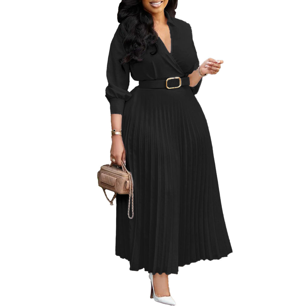 Q107export women's clothing  fashionelegantelegance lapel pure color waist pleated plus size african dress