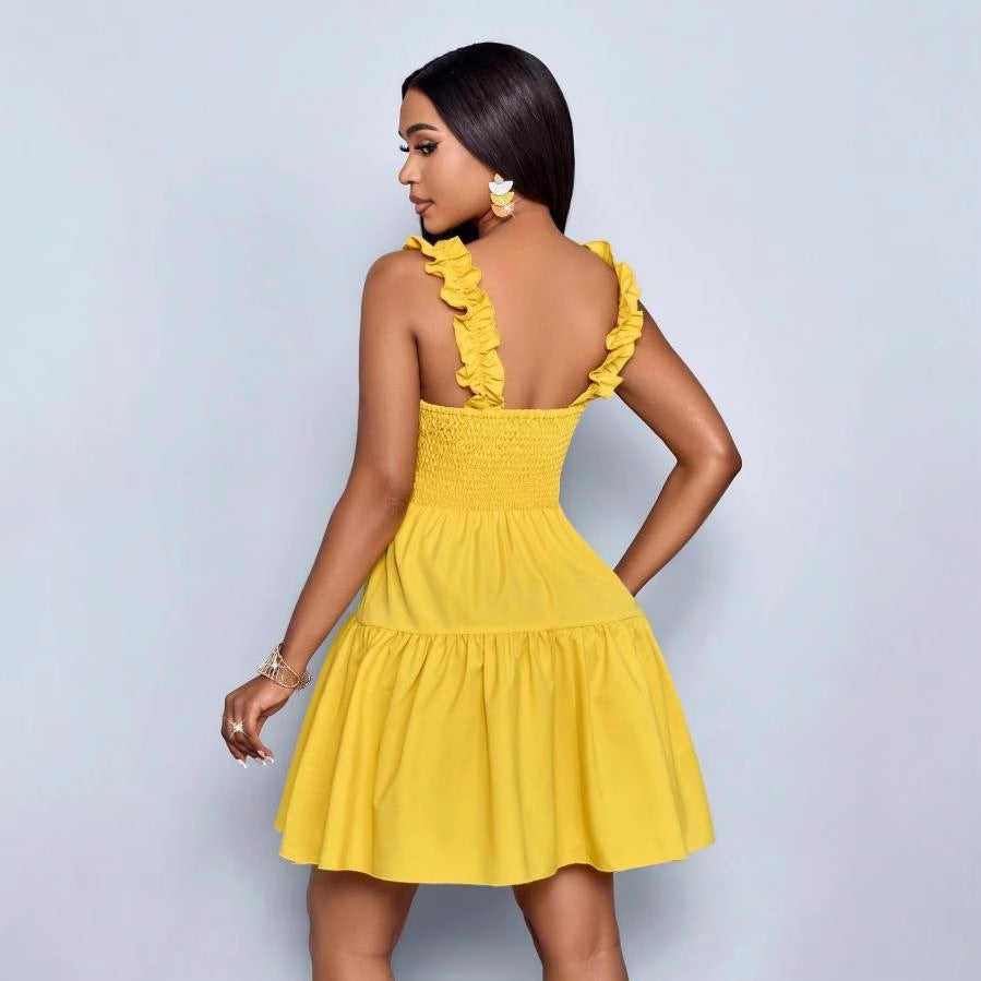 European and american cross-border   summer new arrival: elegant v-neck, designer elastic waist, solid color slip dress