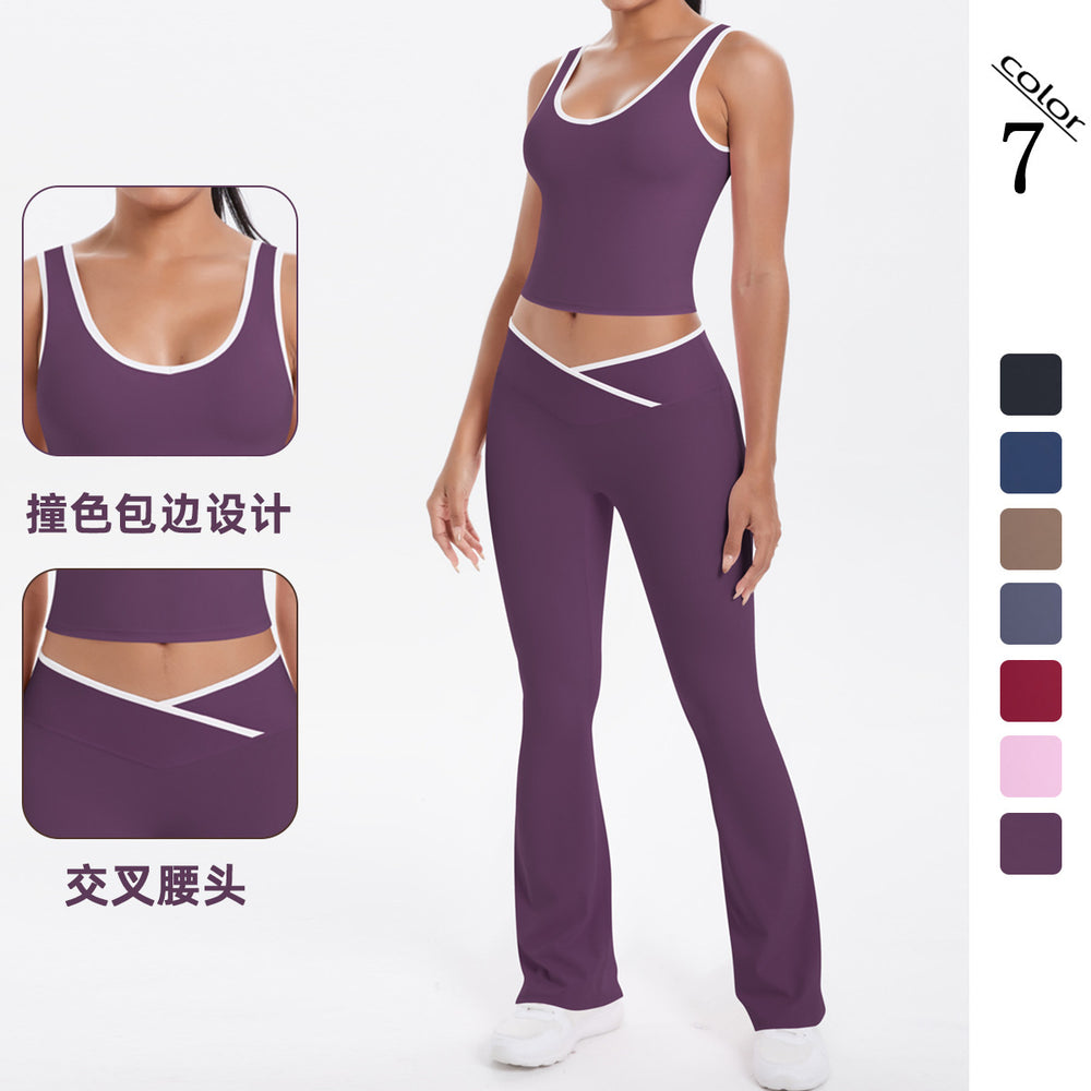 double-sided brushed contrast color tight breathable cross wide-leg yoga suit sports running fitness two-piece set