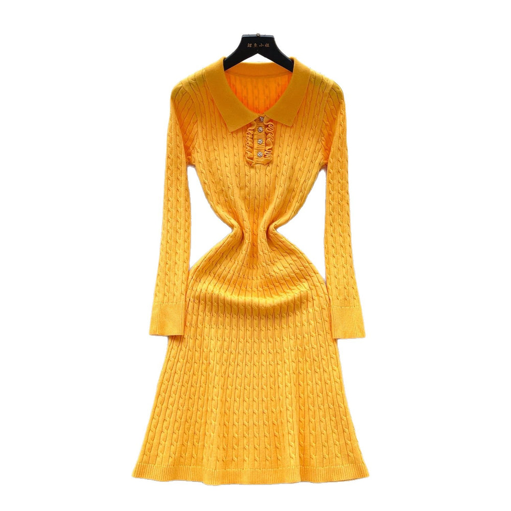 Inner wear sweater skirt with coat autumretro lapel waist slimming lookelegantlong sleevesknittingdress