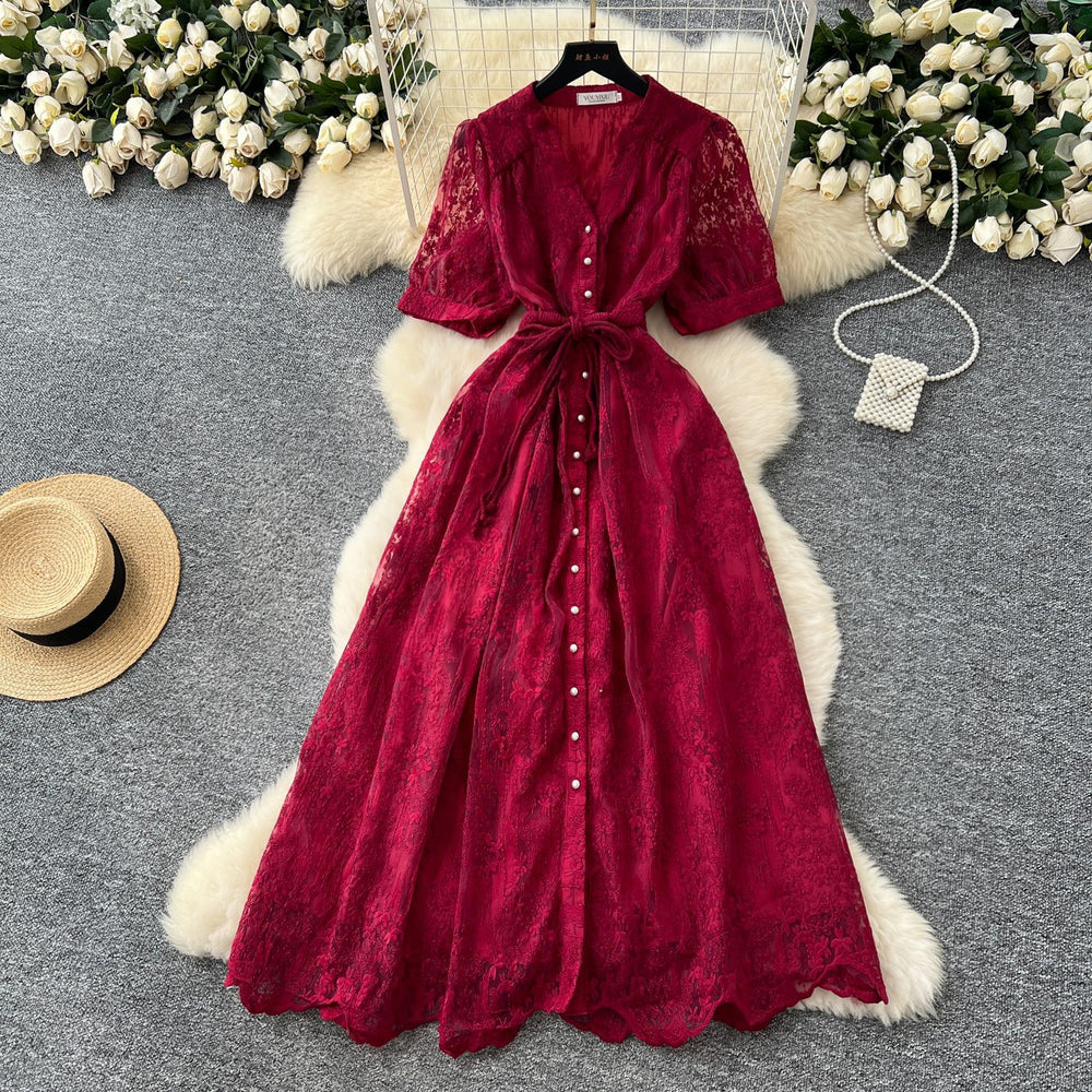 French chic high-end women's dress - 2025 summer fashion: tie-waist, single-breasted, embroidered mesh maxi dress