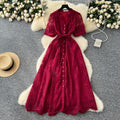 French chic high-end women's dress - 2025 summer fashion: tie-waist, single-breasted, embroidered mesh maxi dress