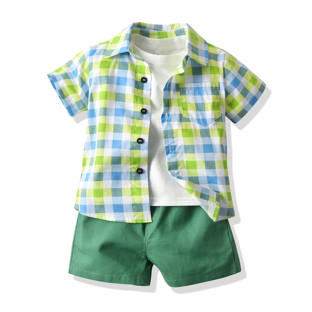 Korean style boys' summer outfit: new cotton short-sleeve shirt and shorts three-piece set - kids' casual wear
