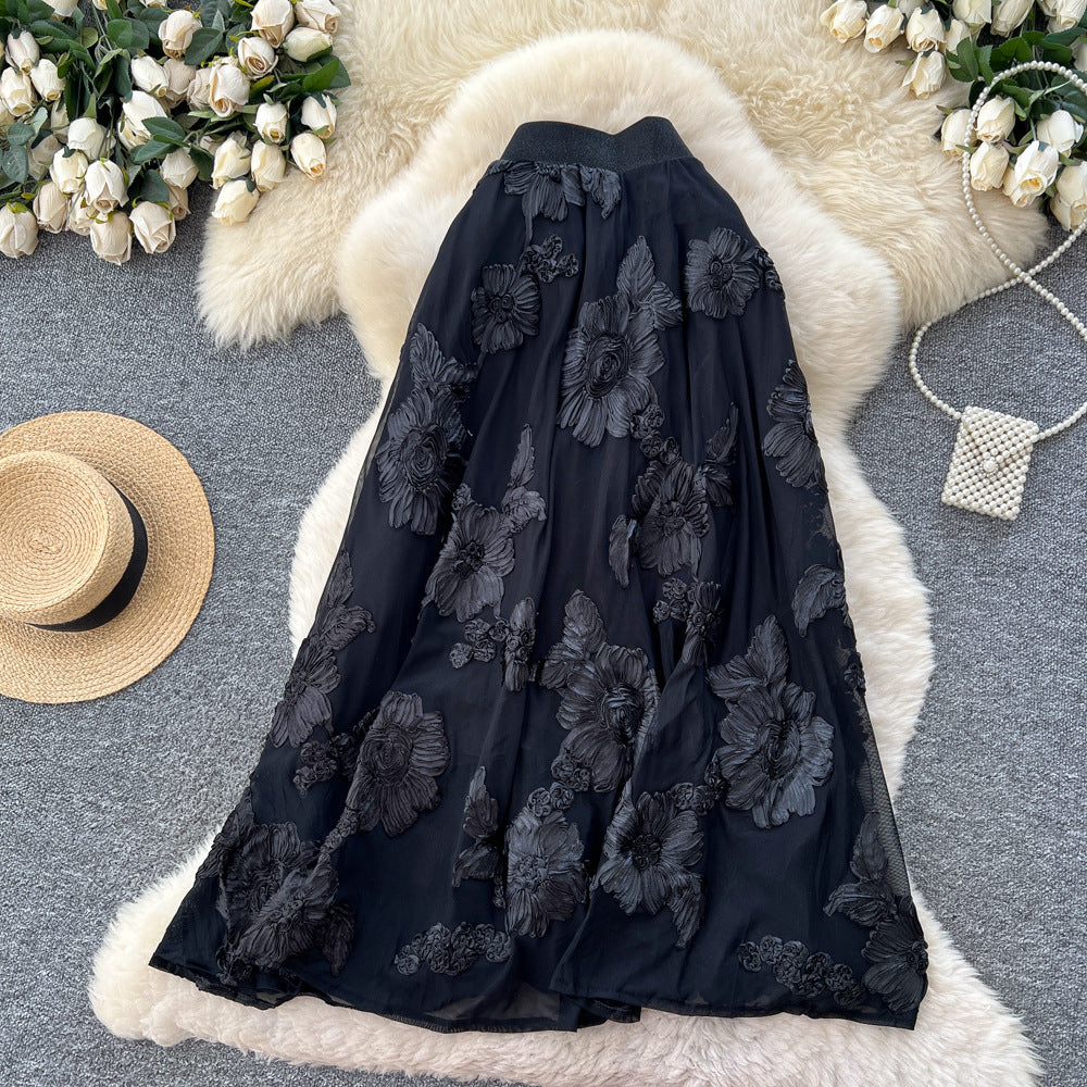 Frenchniche stylefashioneasiest for matchflowerembroiderhigh waist mesh skirt women's autumclassy sense of style mid-length skirt
