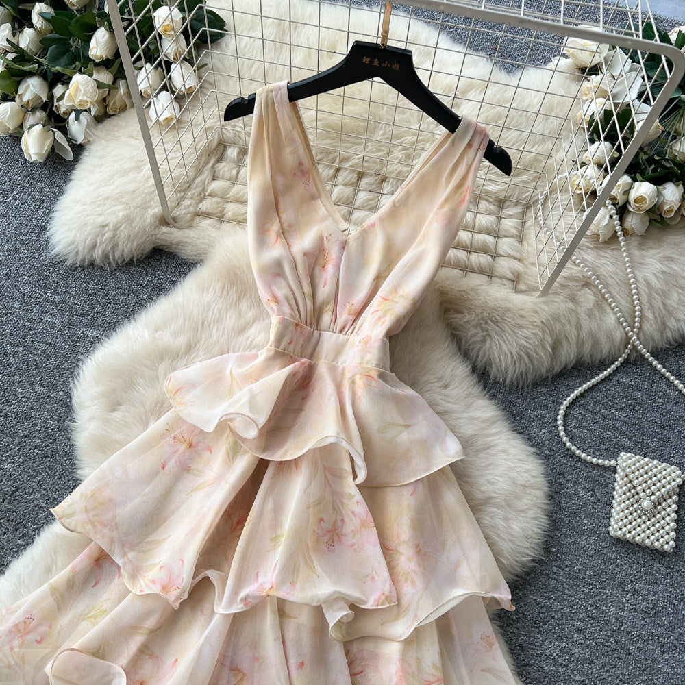Frenchromantic style v neckhalter floral dress female summerk-style sleeveless ruffles cake skirt slimming look