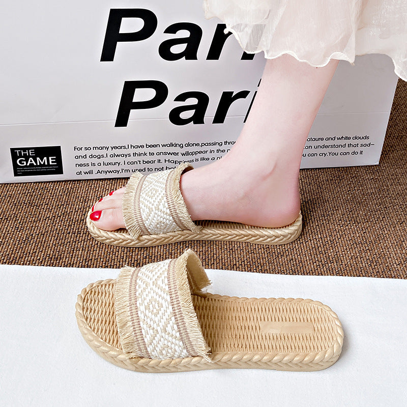 Ethnic style woven one-line sandals for women summernew arrivaleasiest for matchoutwear holiday style soft bottom beach sandals for women