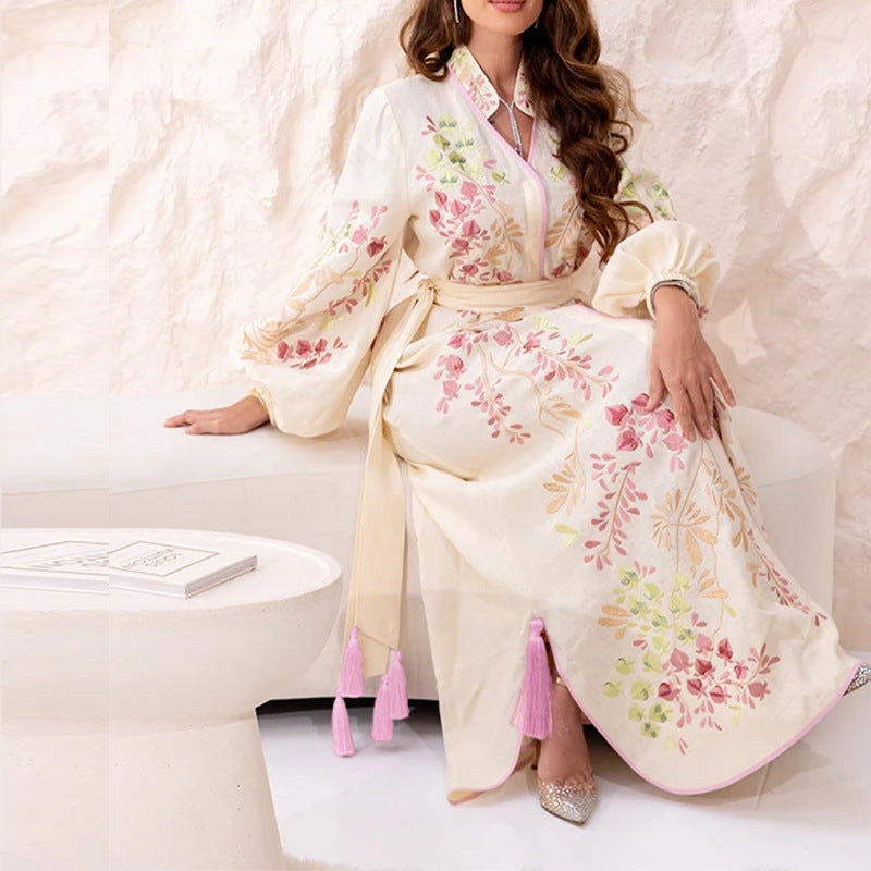 cross-border e-commerce european and american women's clothing: new summer collection - printed lantern sleeve, cinched waist, tie-waist tassel dress