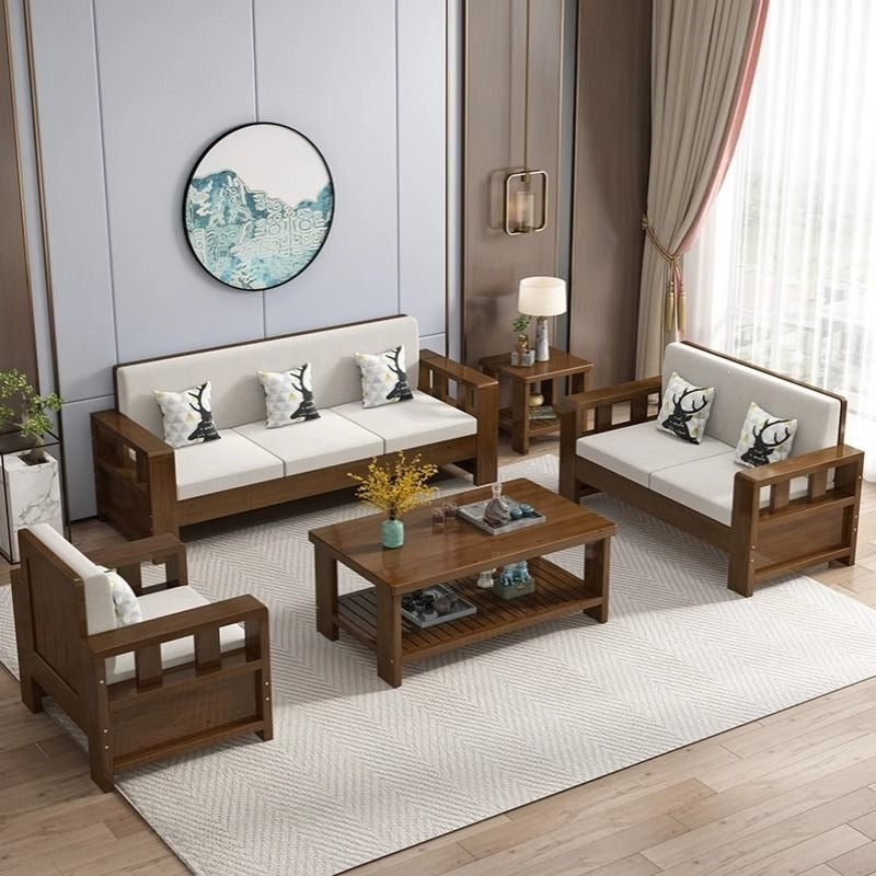 Solid wood sofa combination new chinoiseriefor home living room small apartment straight row three-person slot simple rental room single sofa