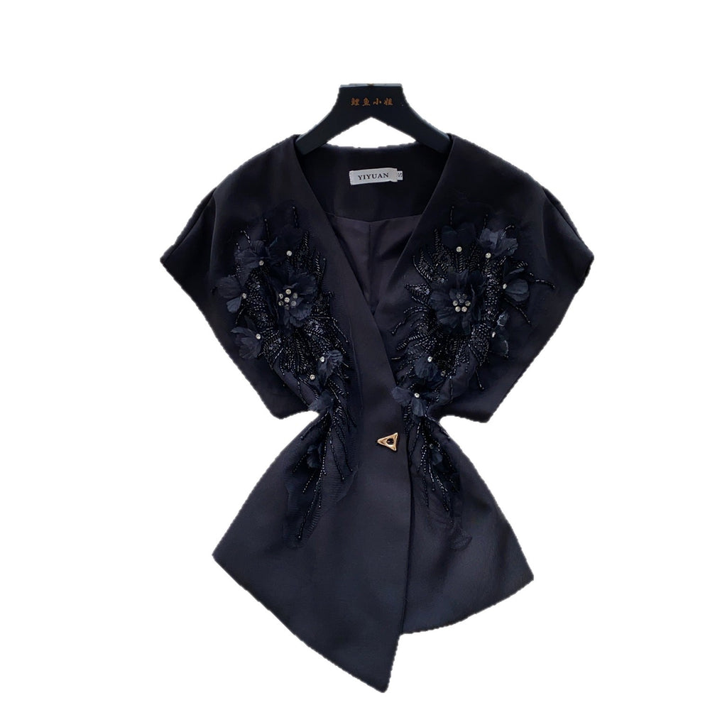 Commute style v-neck single-breasted vest - women's outerwear with embroidered floral accents - brown vest - autumn  - premium quality