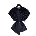 Commute style v-neck single-breasted vest - women's outerwear with embroidered floral accents - brown vest - autumn  - premium quality