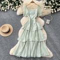 French holiday style puff sleeve square neck dress women's summer pleated waist slimming look layered ruffles cake skirt