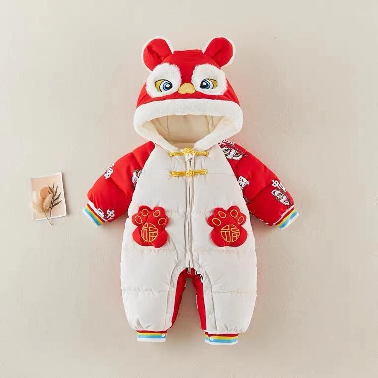 Newborn baby winter new chinese style thickened outfit for new year's visits, festive one-piece for baby boys and girls' first birthday celebration