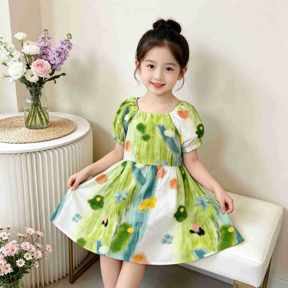 【matching family outfit】girls' summer dress - fresh green bubble sleeve dress for kids, sweet and adorable baby girl clothing