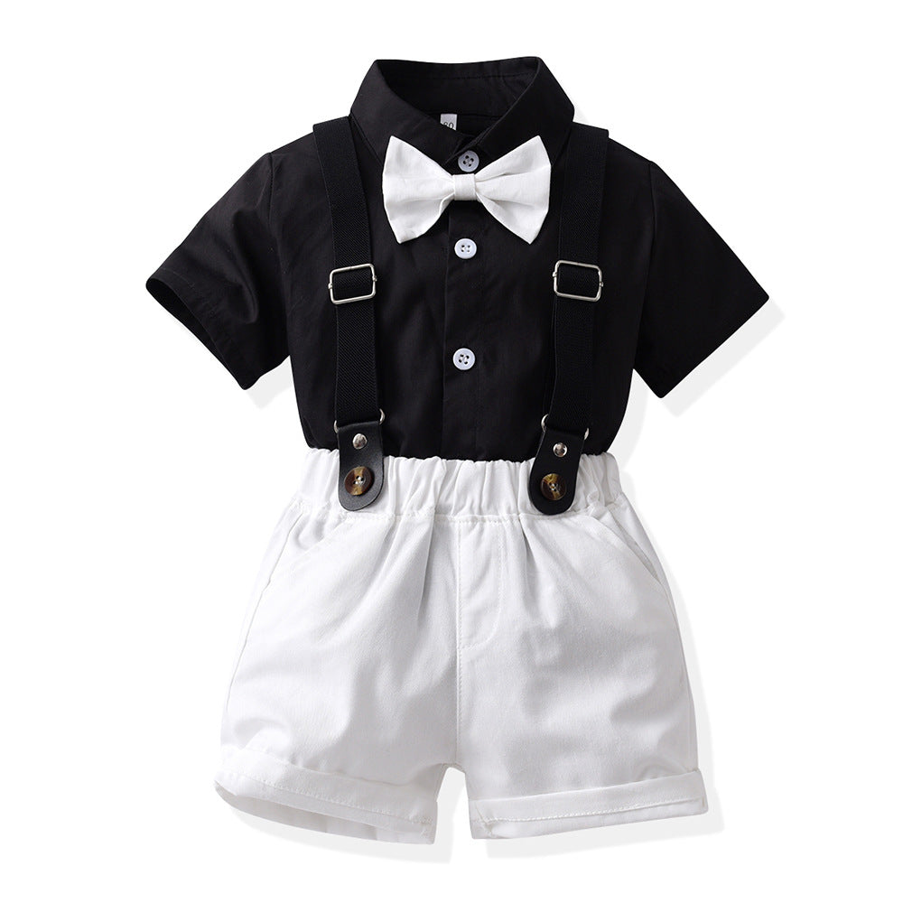 Japanese and korean style boys' summer outfit: short-sleeve shirt and suspender pants - stylish children's performance costume for piano recitals, hosting, and runway shows