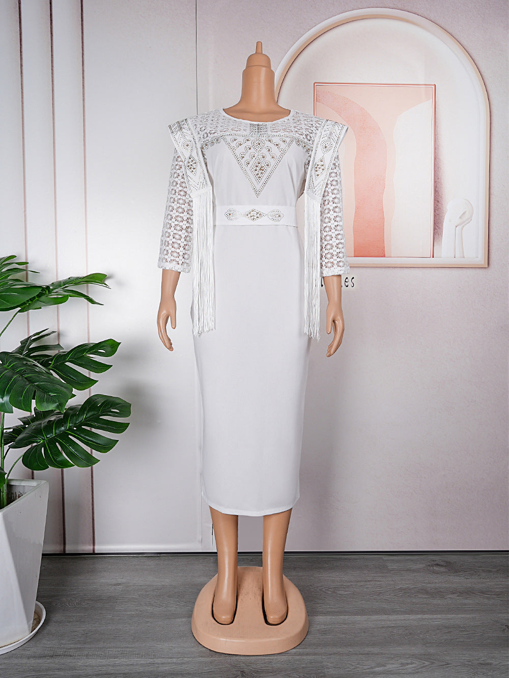 African plus size women's olwork clothing hip skirt fashionexport lace tassel patchwork round neck dress