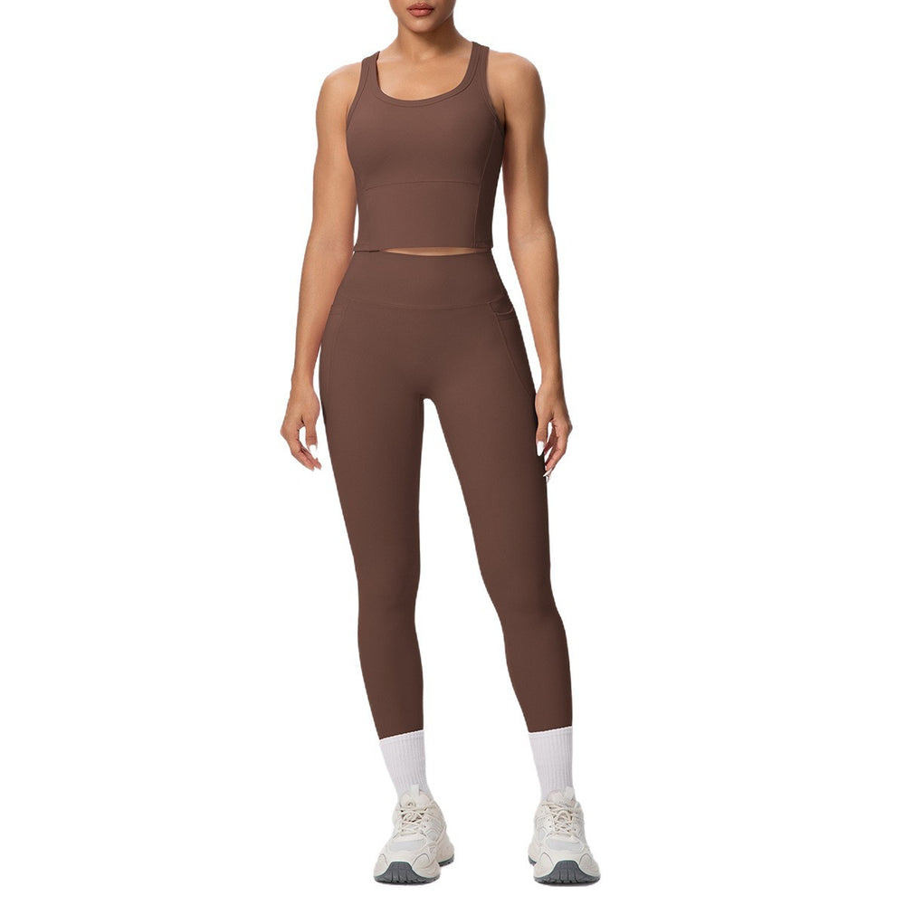 New arrival: cross-border double-sided brushed solid color breathable pocket long yoga outfit set - two-piece activewear for running and fitness